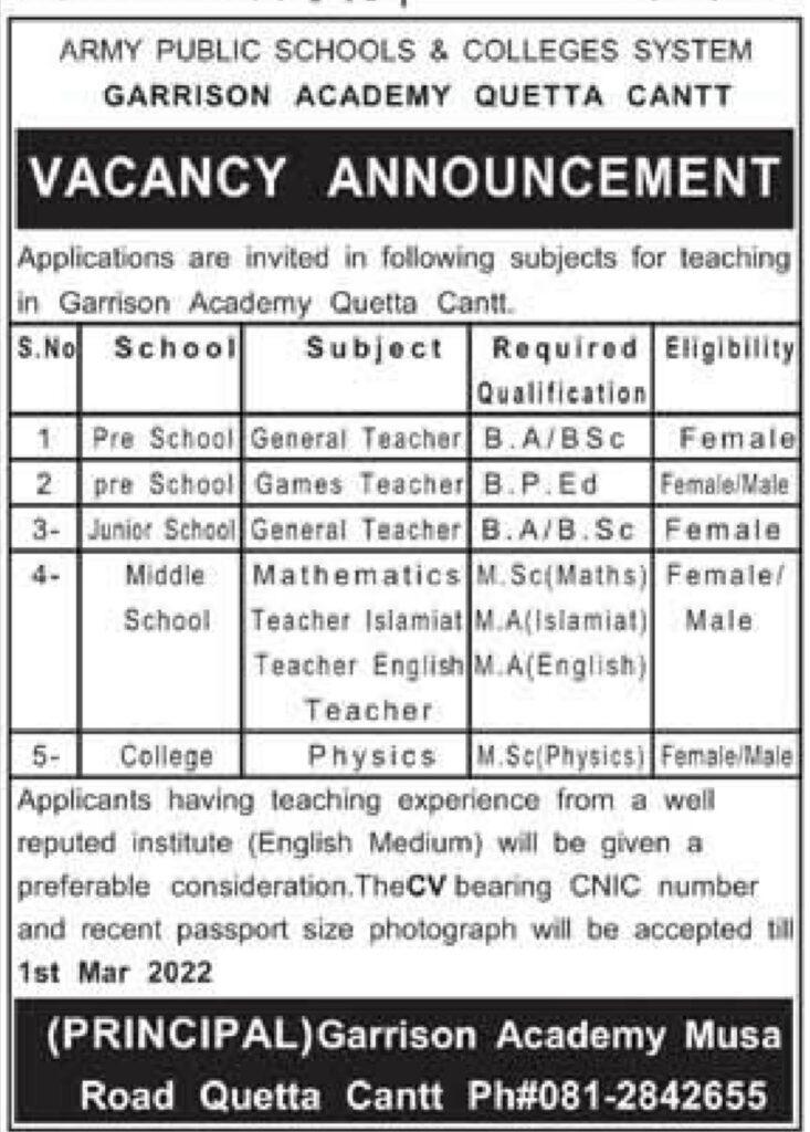 Garrison Academy Quetta Cantt Jobs 2022