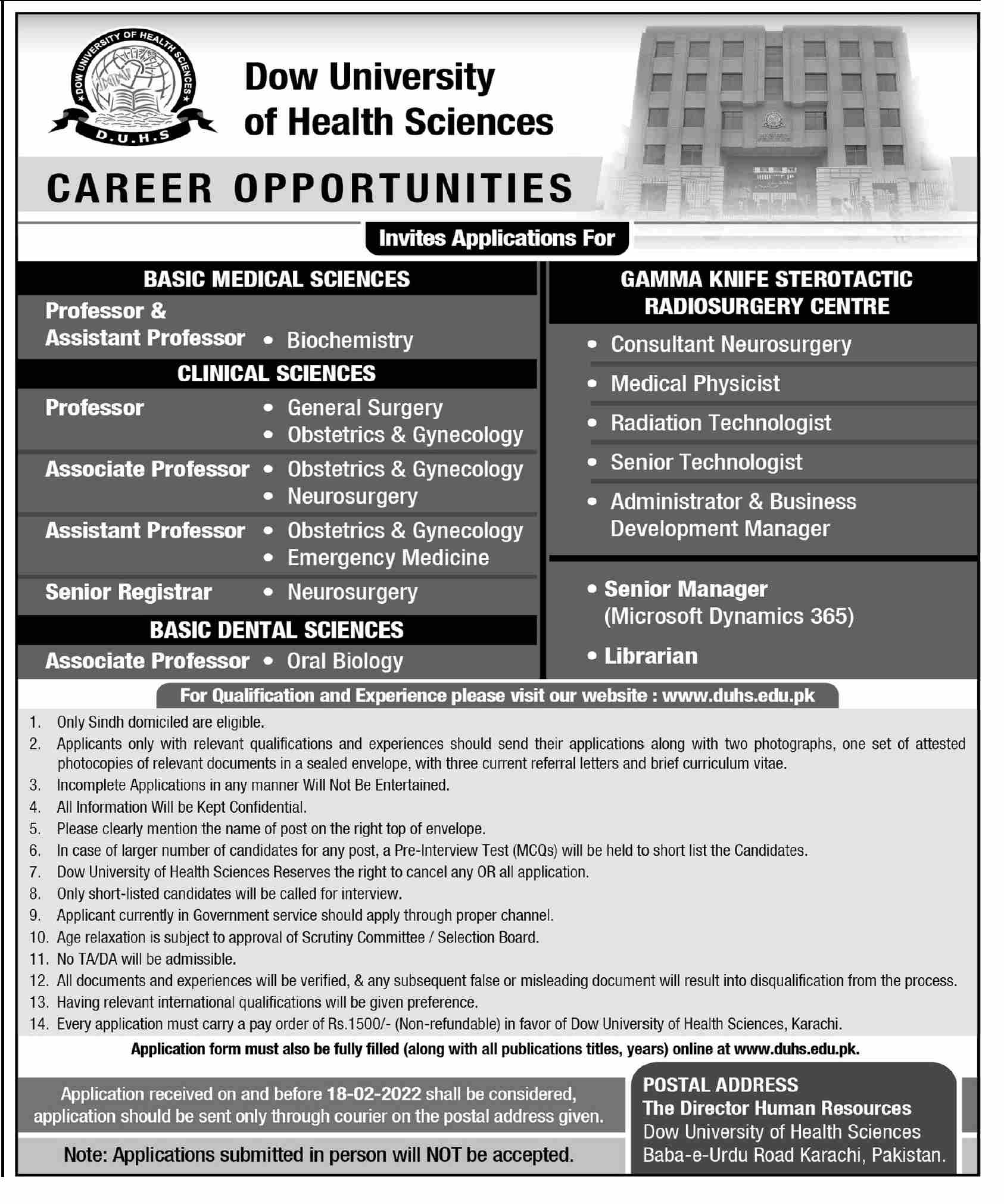 Dow University of Health Sciences DUHS Jobs 2022 – www.duhs.edu.pk
