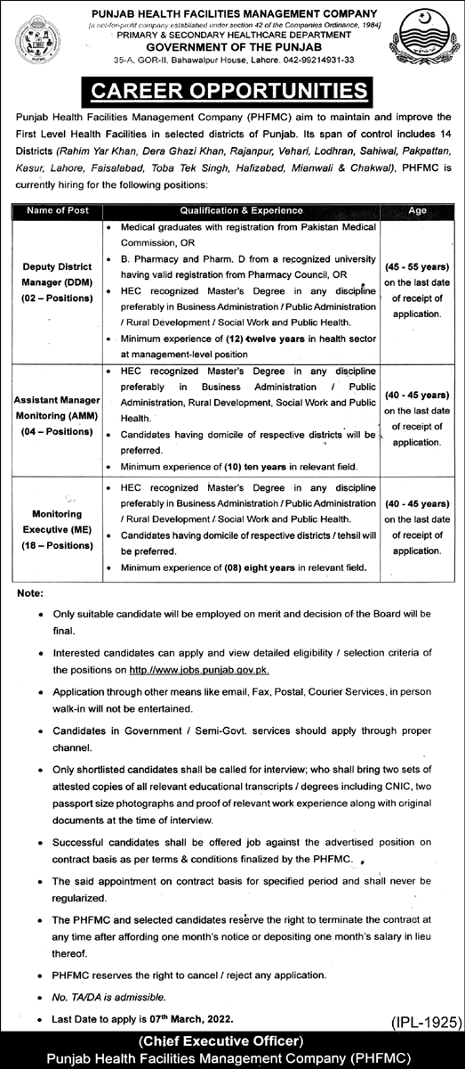 Punjab Health Facilities Management Company PHFMC Jobs