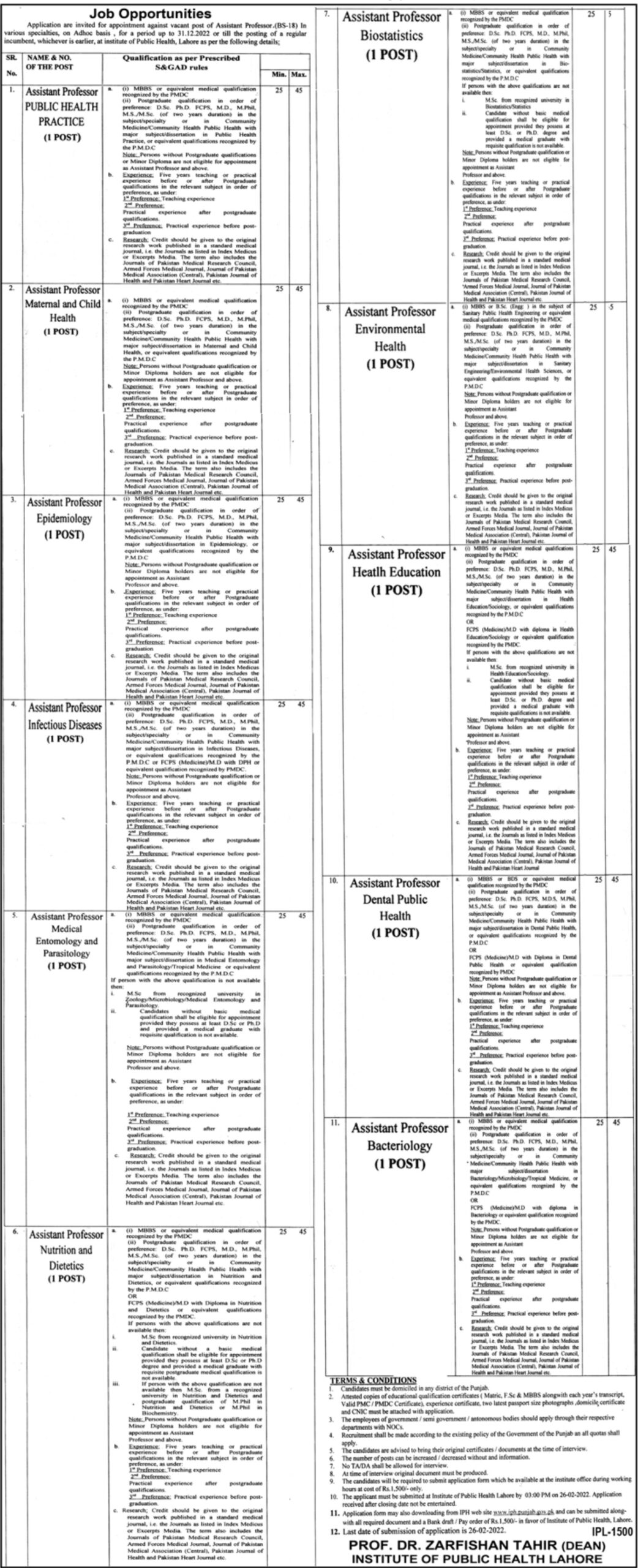 Institute of Public Health Lahore Jobs 2022 – www.iph.punjab.gov.pk