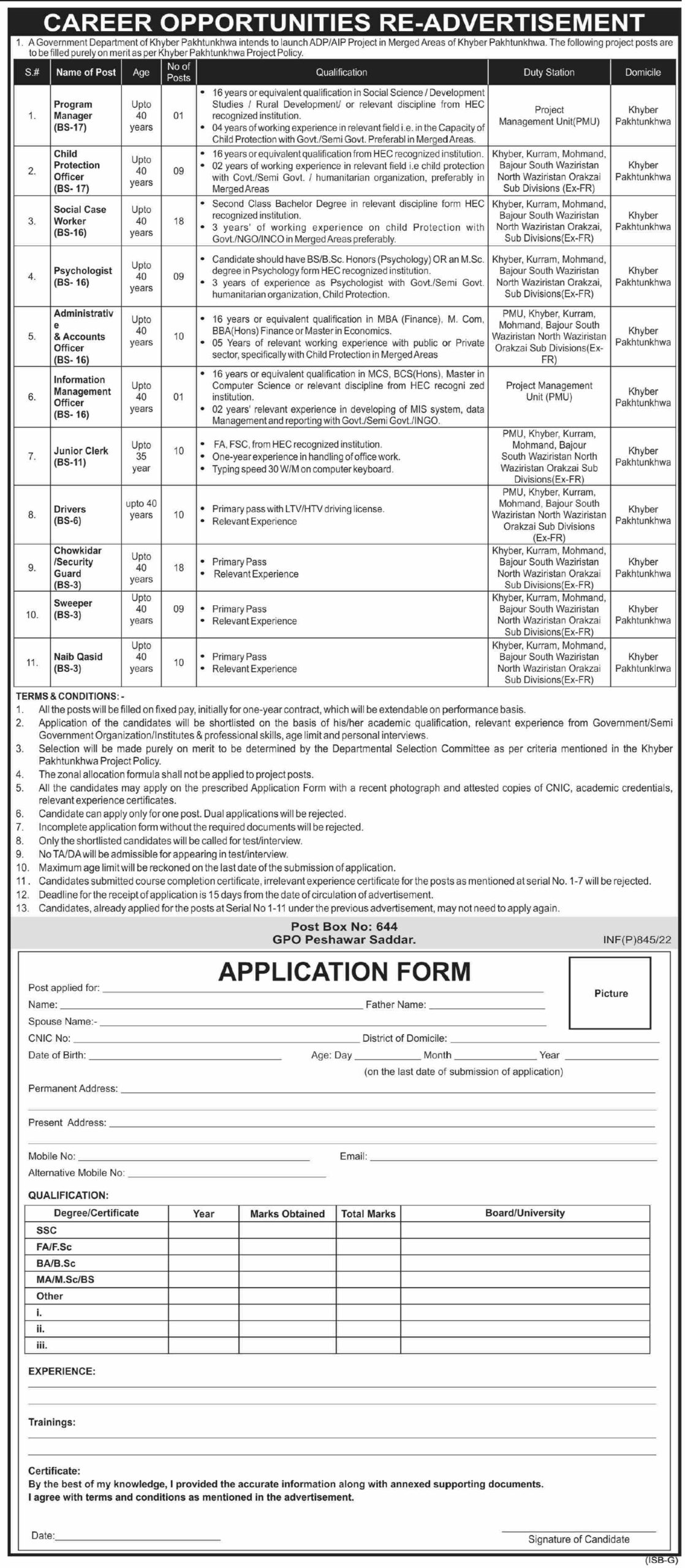 Government Department KPK Jobs – PO Box 644 Peshawar Jobs 2022