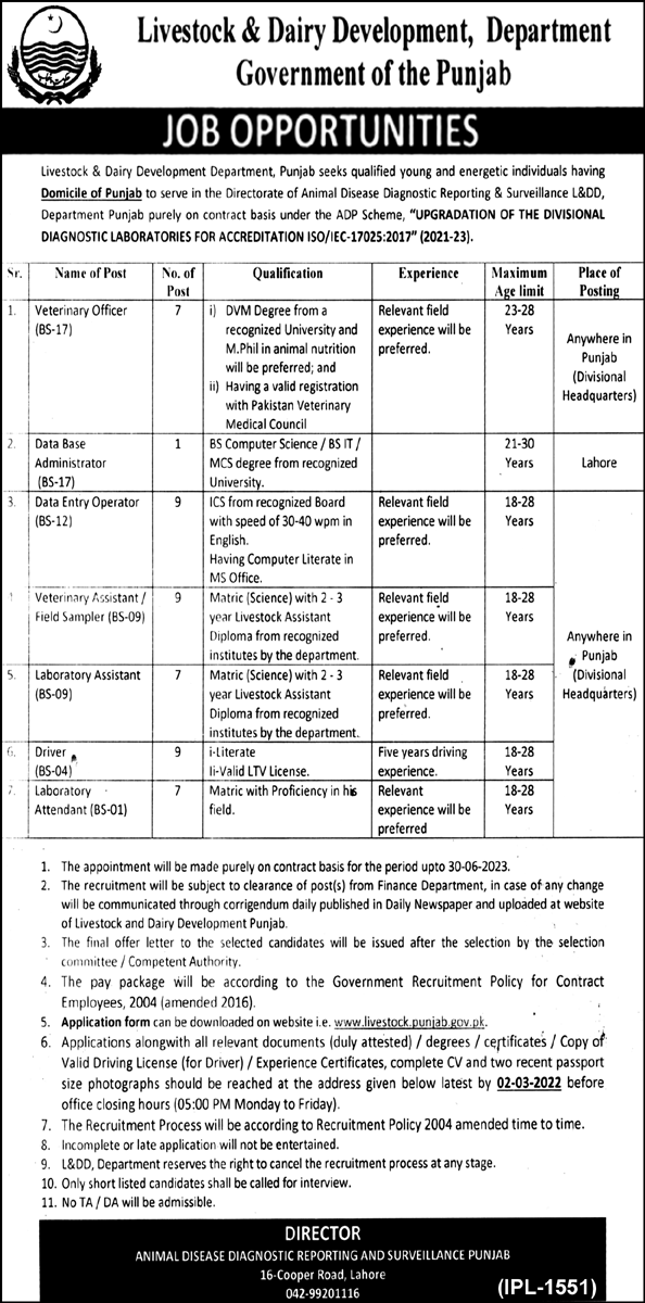 Livestock and Dairy Development Department Punjab Jobs 2022