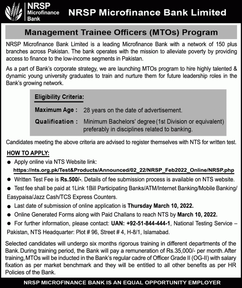 NRSP Microfinance Bank Management Trainee Officers MTOs Program