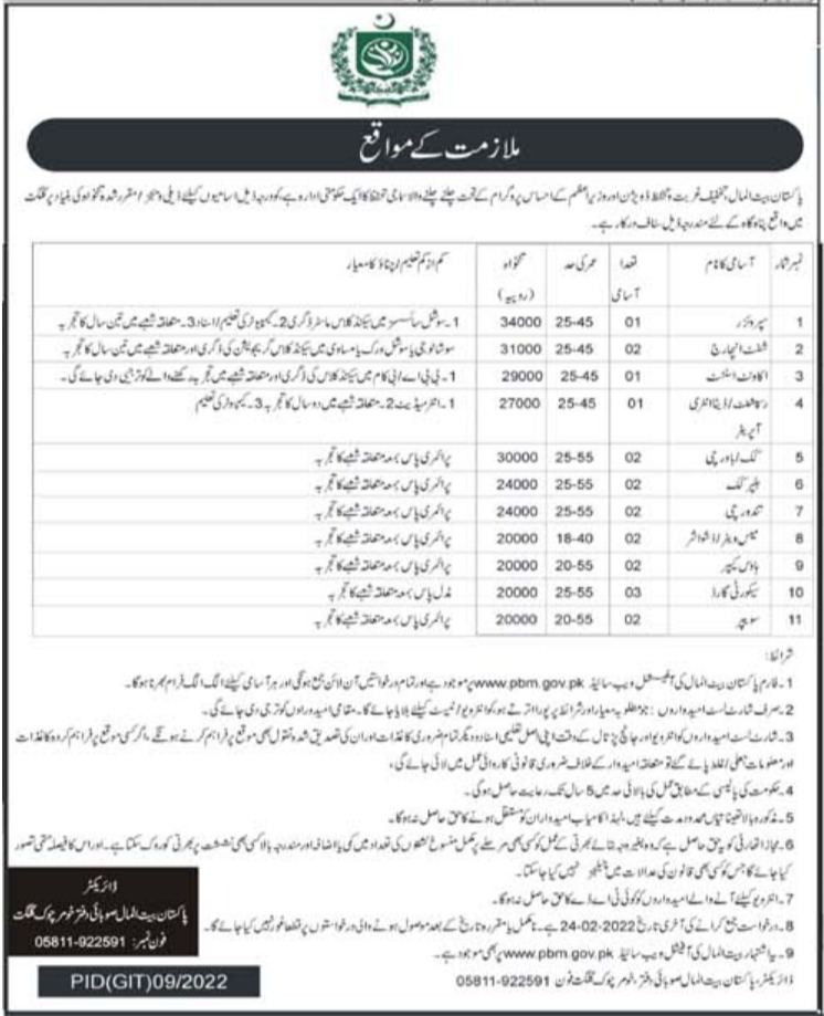 Pakistan Bait ul Mal PBM Jobs 2022 in Gilgit