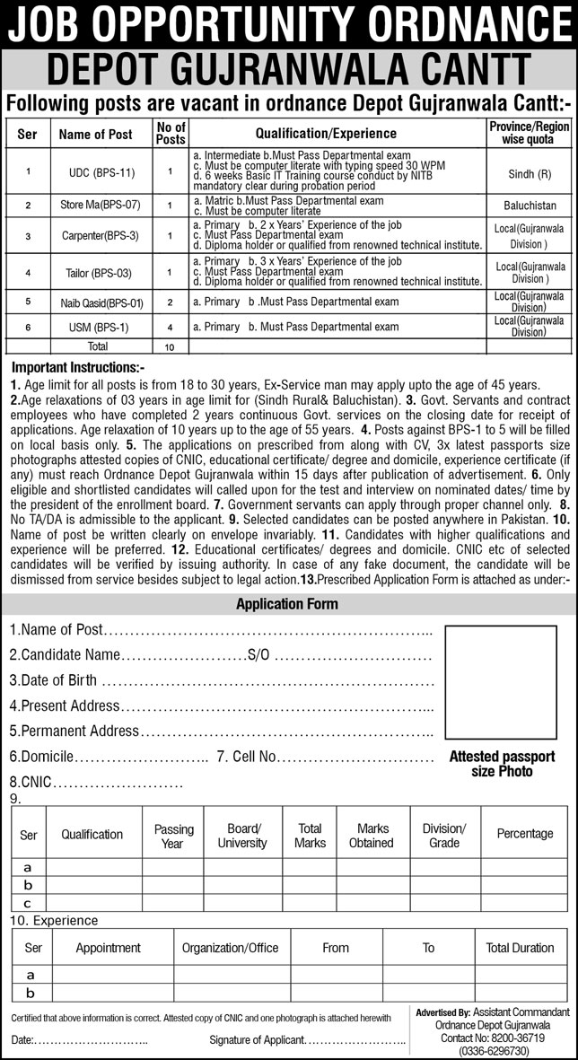 Pak Army Ordnance Depot Gujranwala Jobs 2022