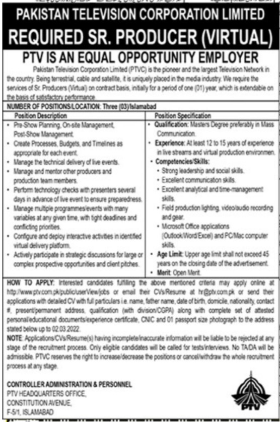 Pakistan Television Corporation PTV Jobs 2022 | https://jobs.ptv.com.pk/latestjobs
