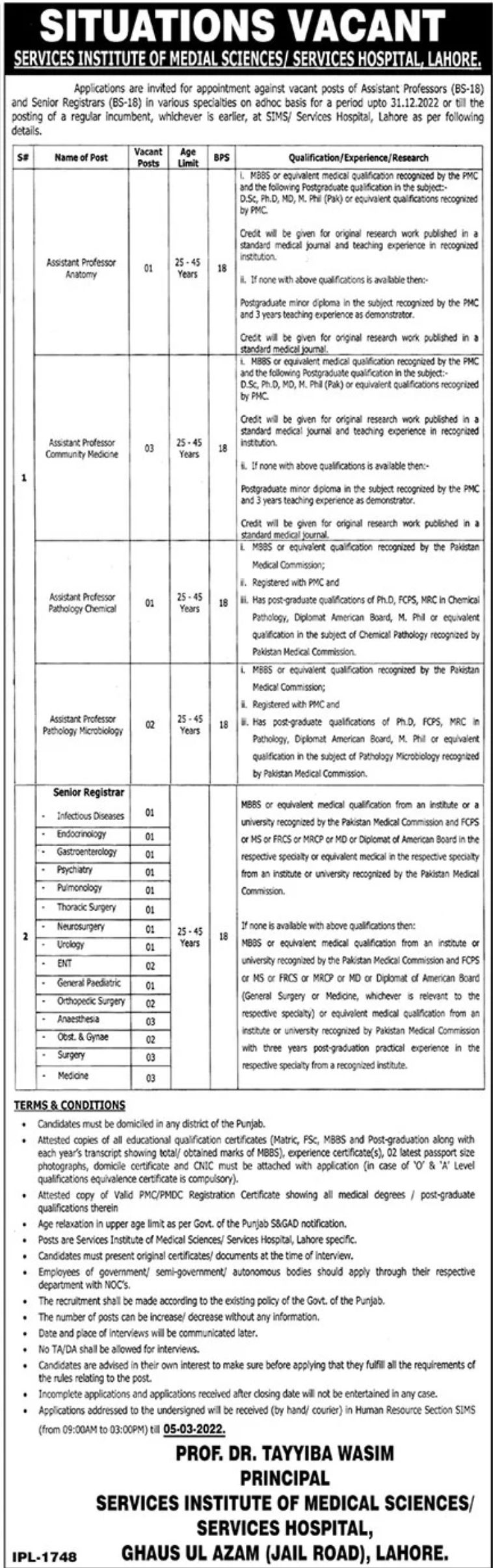 Services Hospital Lahore Jobs 2022 for Teaching Faculty