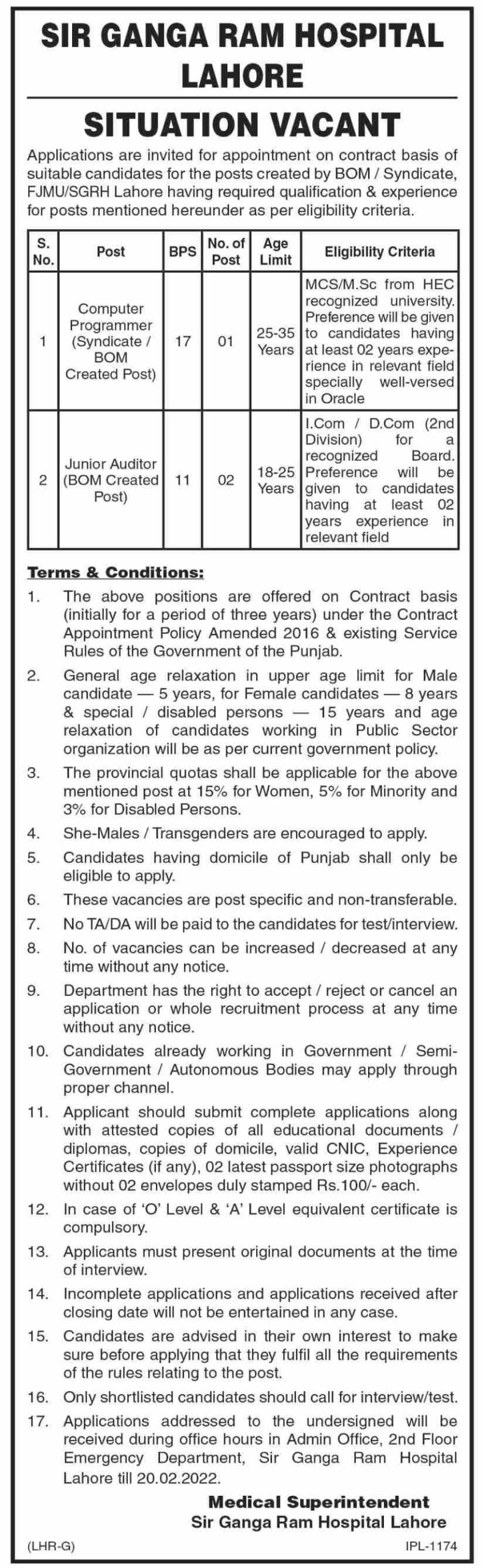 Sir Ganga Ram Hospital Lahore Jobs 2022