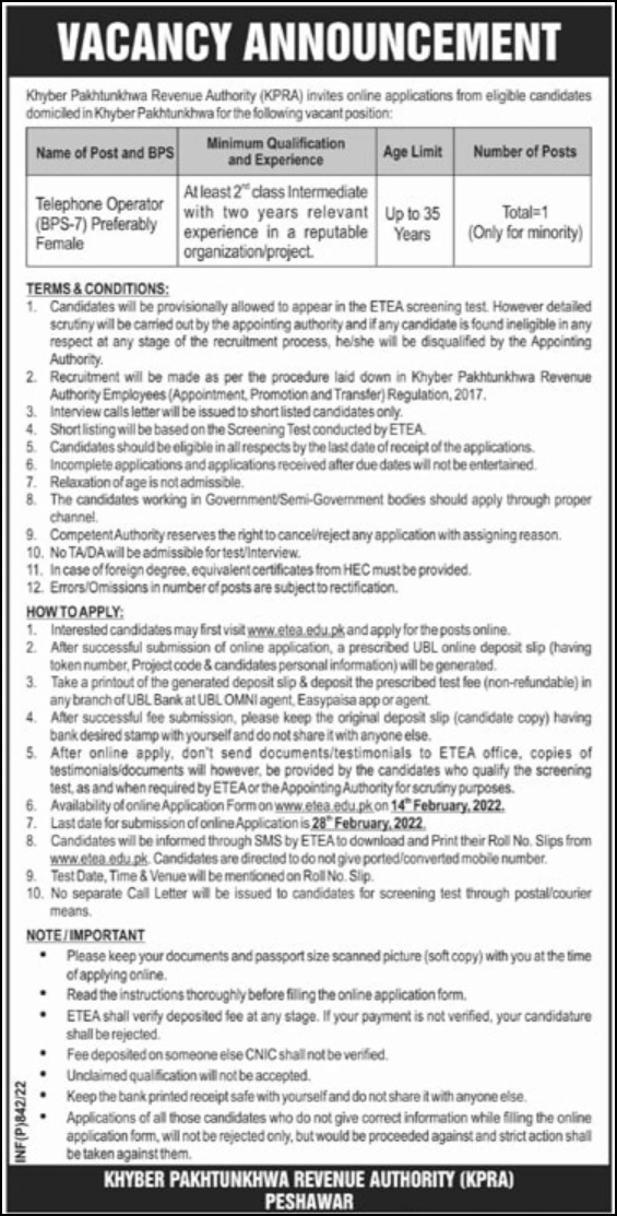 Khyber Pakhtunkhwa Revenue Authority KPRA Jobs 2022