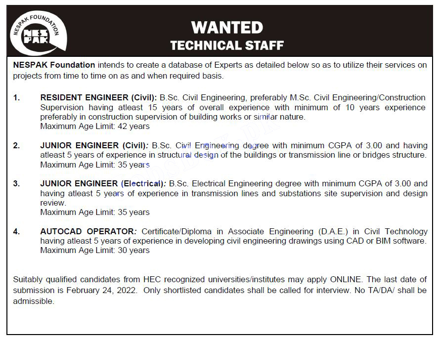 National Engineering Services Pakistan NESPAK Jobs - Apply Online