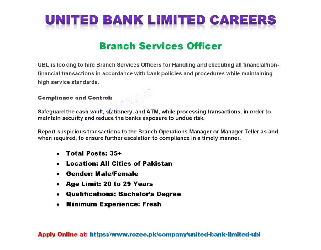 United Bank Limited UBL Jobs 2022 for Branch Services Officers