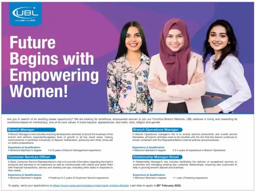 United Bank Limited UBL Jobs 2022 for Female & Male