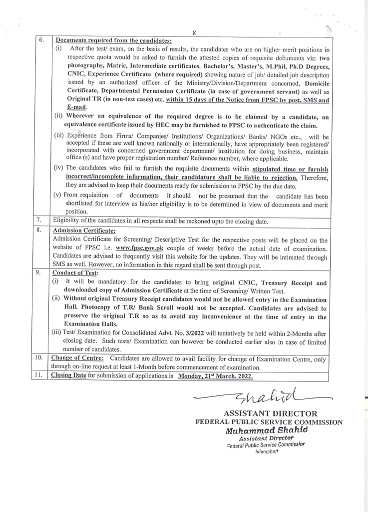 FPSC Jobs 2022 Consolidated Advertisement No. 03/2022