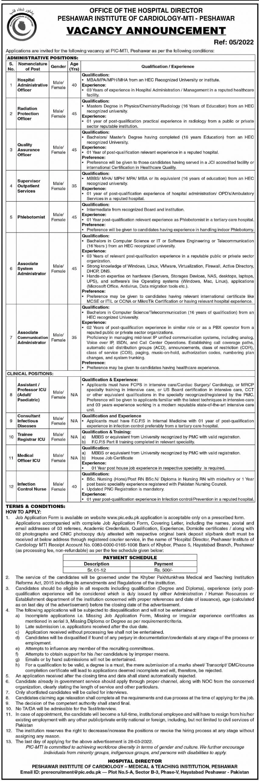 Peshawar Institute of Cardiology PIC Jobs 2022 – Application Form