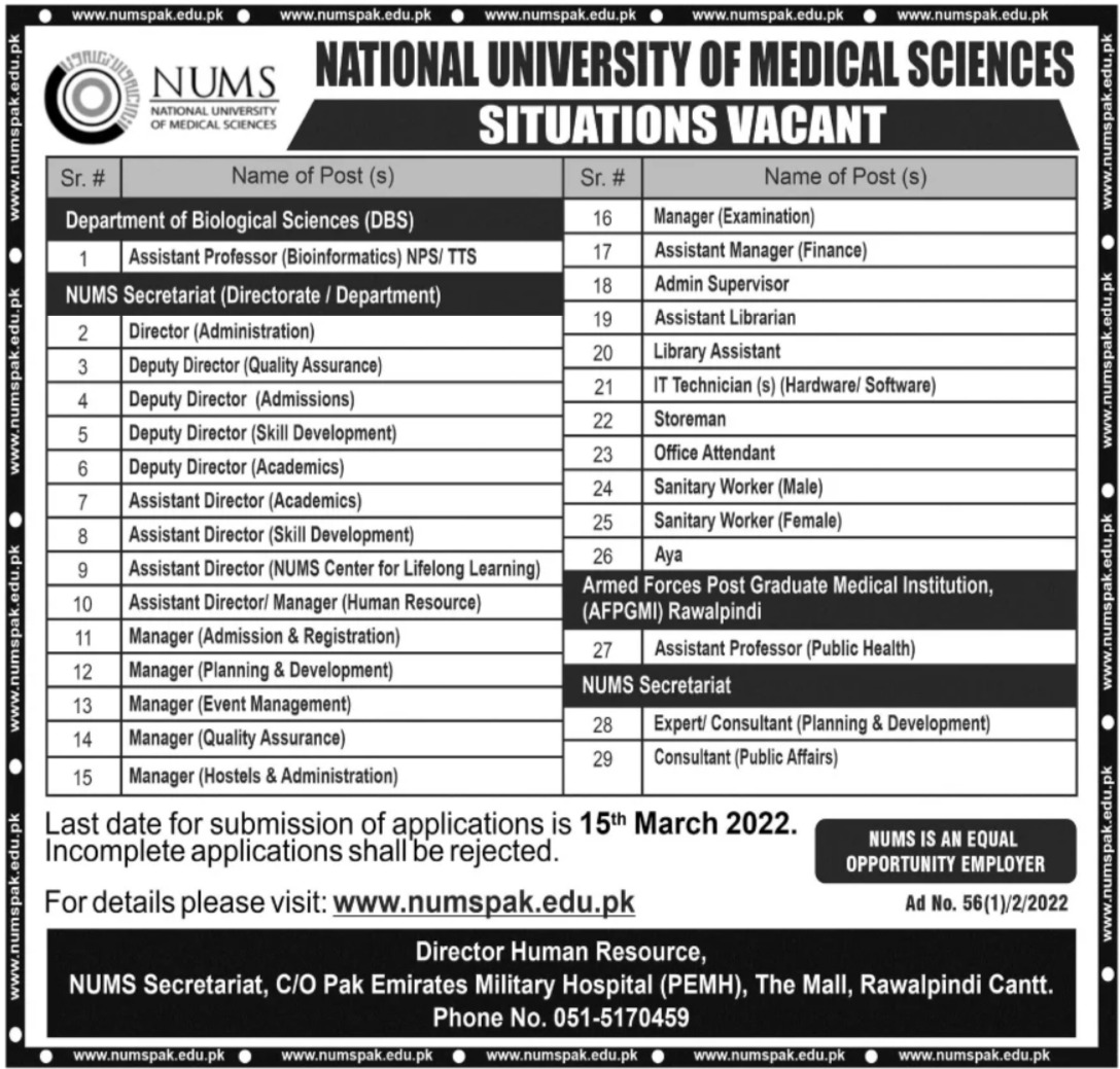 National University of Medical Sciences NUMS Jobs 2022