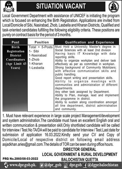 Local Government & Rural Development Department Balochistan Jobs 2022