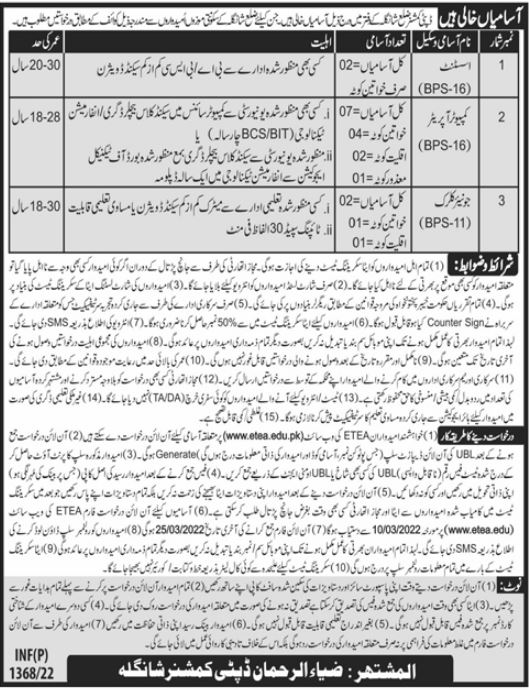 Deputy Commissioner Office Shangla Jobs 2022 Online Applications