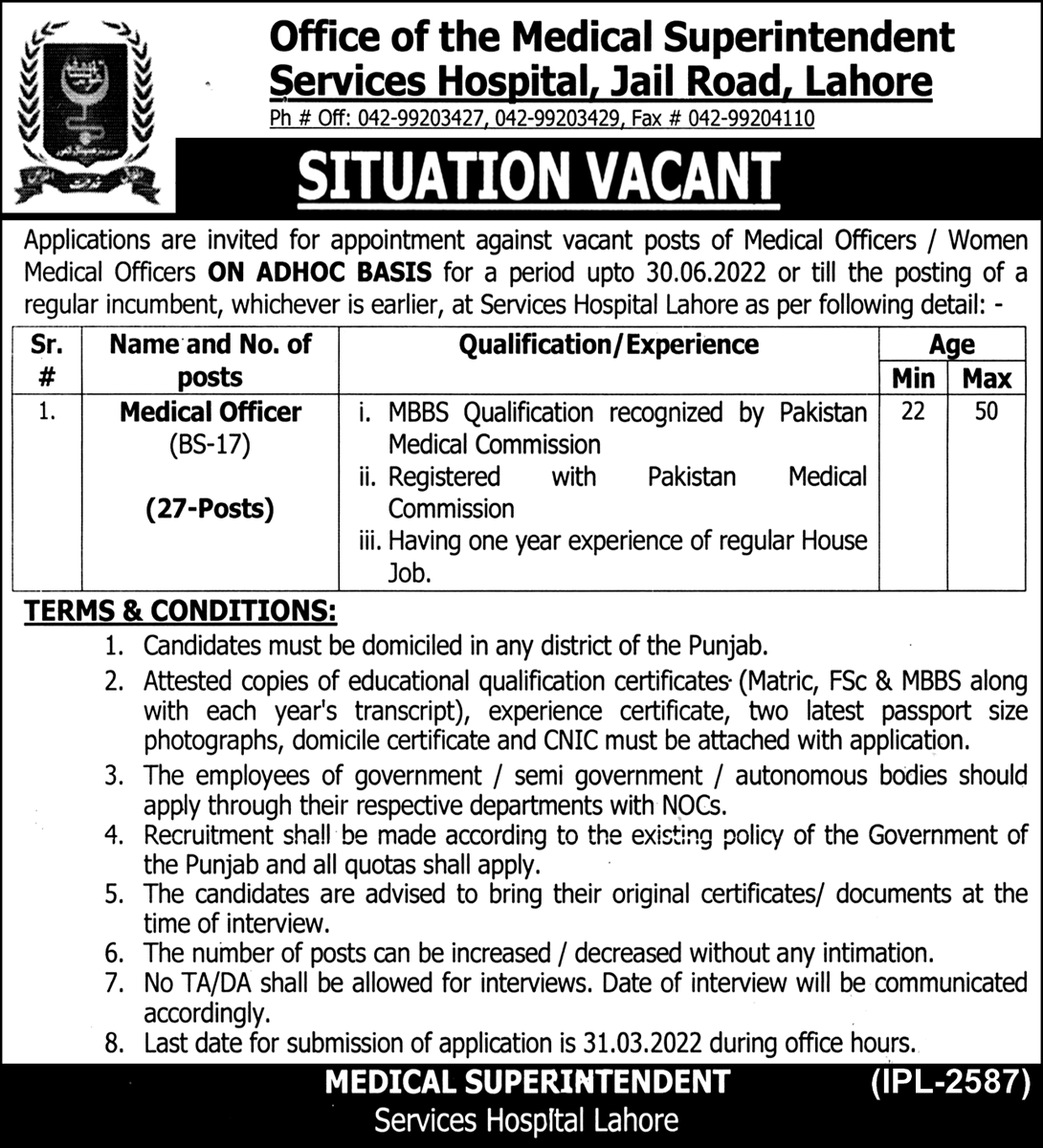 Services Hospital Lahore Jobs 2022 for Medical Officers