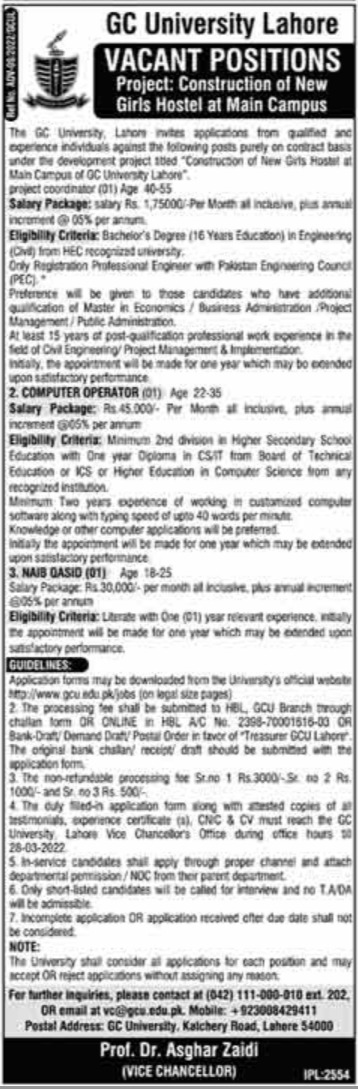 GC University Lahore Jobs 2022 Government College University