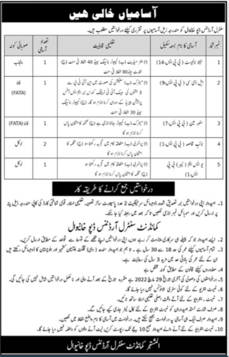 Pakistan Army Central Ordnance Depot COD Khanewal Jobs 2022