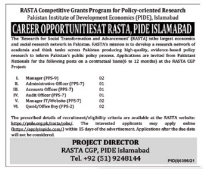 Pakistani Institute of Development Economics PIDE Jobs 2022