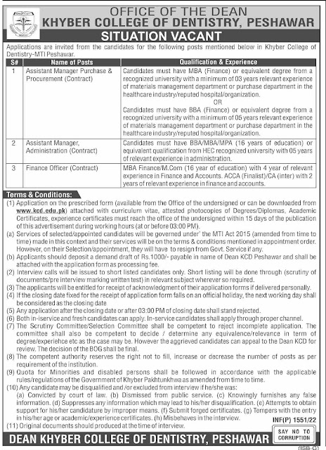 Khyber College of Dentistry Peshawar Jobs 2022 Download Application From