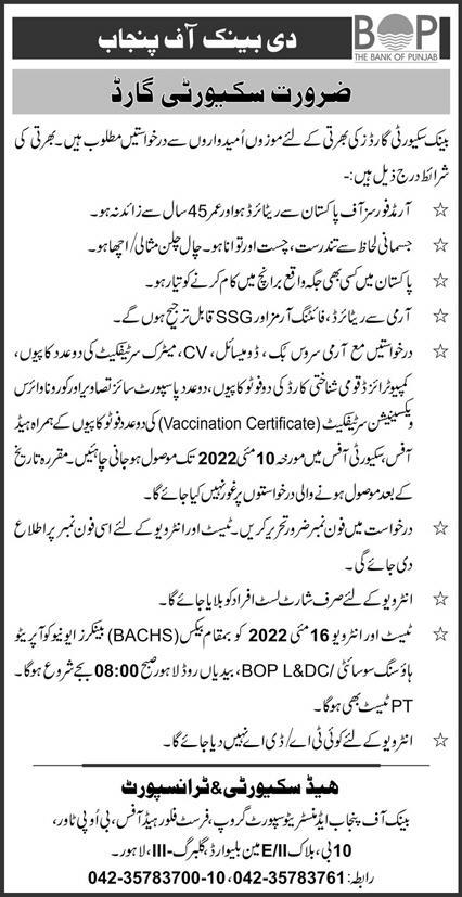 Bank of Punjab Security Guards Jobs 2022