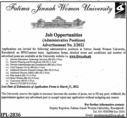 Fatima Jinnah Women University Rawalpindi Jobs 2022 FJWU