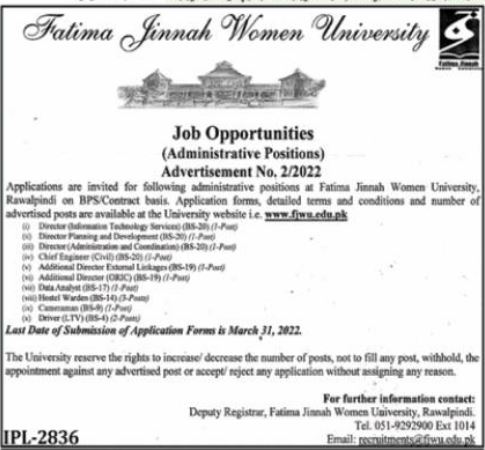 Fatima Jinnah Women University Rawalpindi Jobs 2022 FJWU