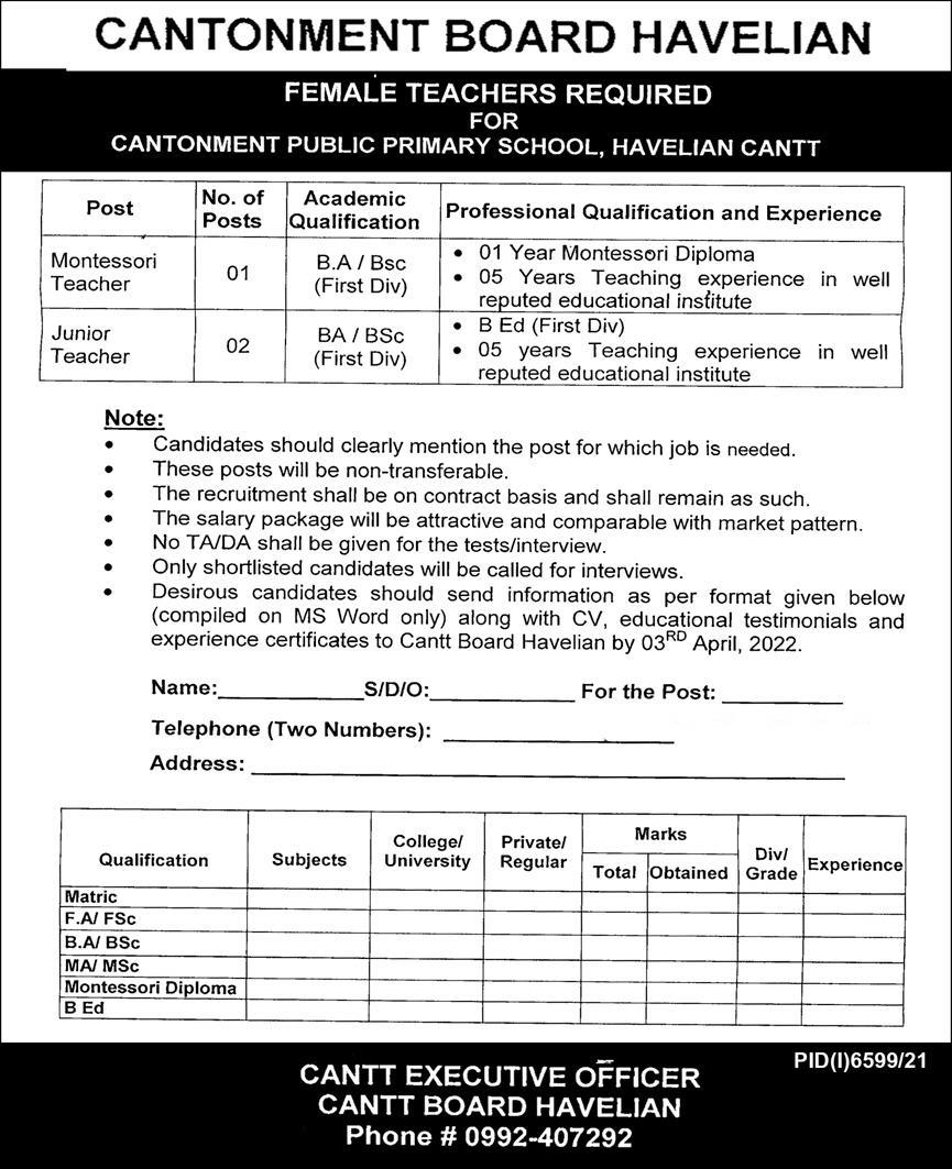 Cantt Public Primary School Havelian Cantt Jobs