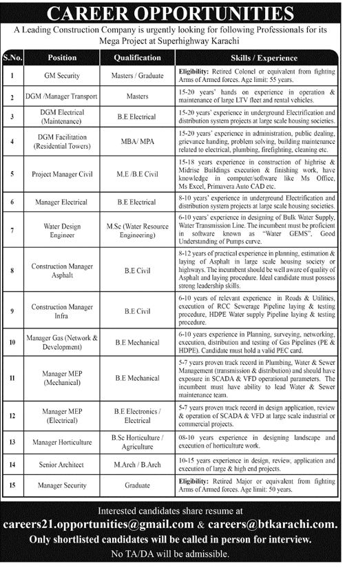 Construction Company Mega Project Superhighway Karachi Jobs 2022