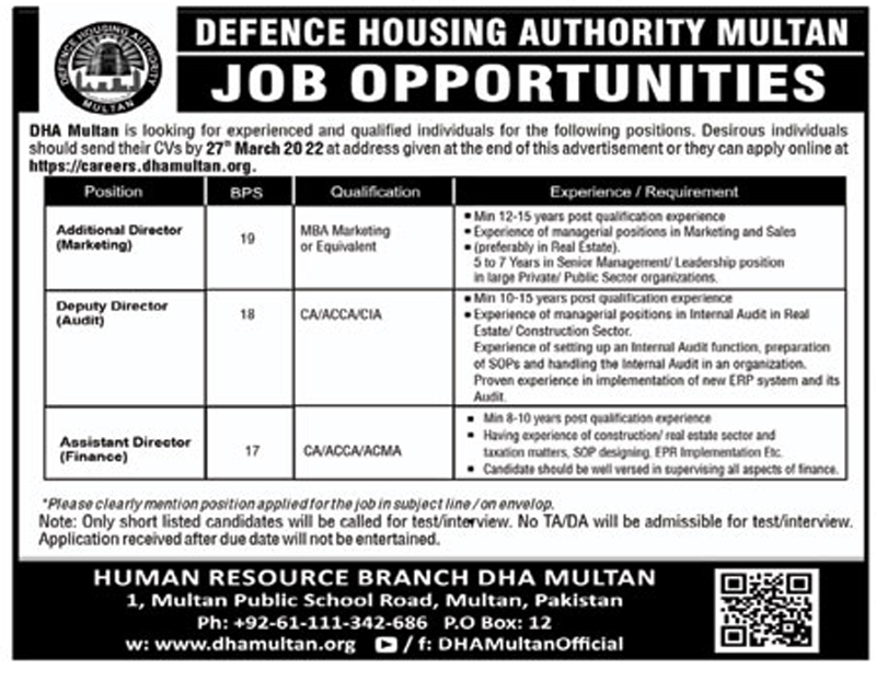 Defence Housing Authority DHA Multan Jobs 2022 – Apply