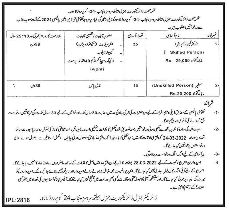 Directorate General Health Services Punjab Jobs 2022