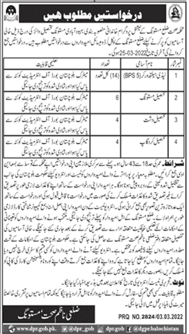 Health Department Mastung Jobs 2022