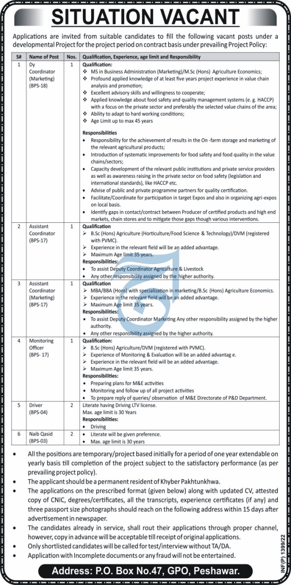 Government Jobs in KPK PO Box No 47 GPO Peshawar
