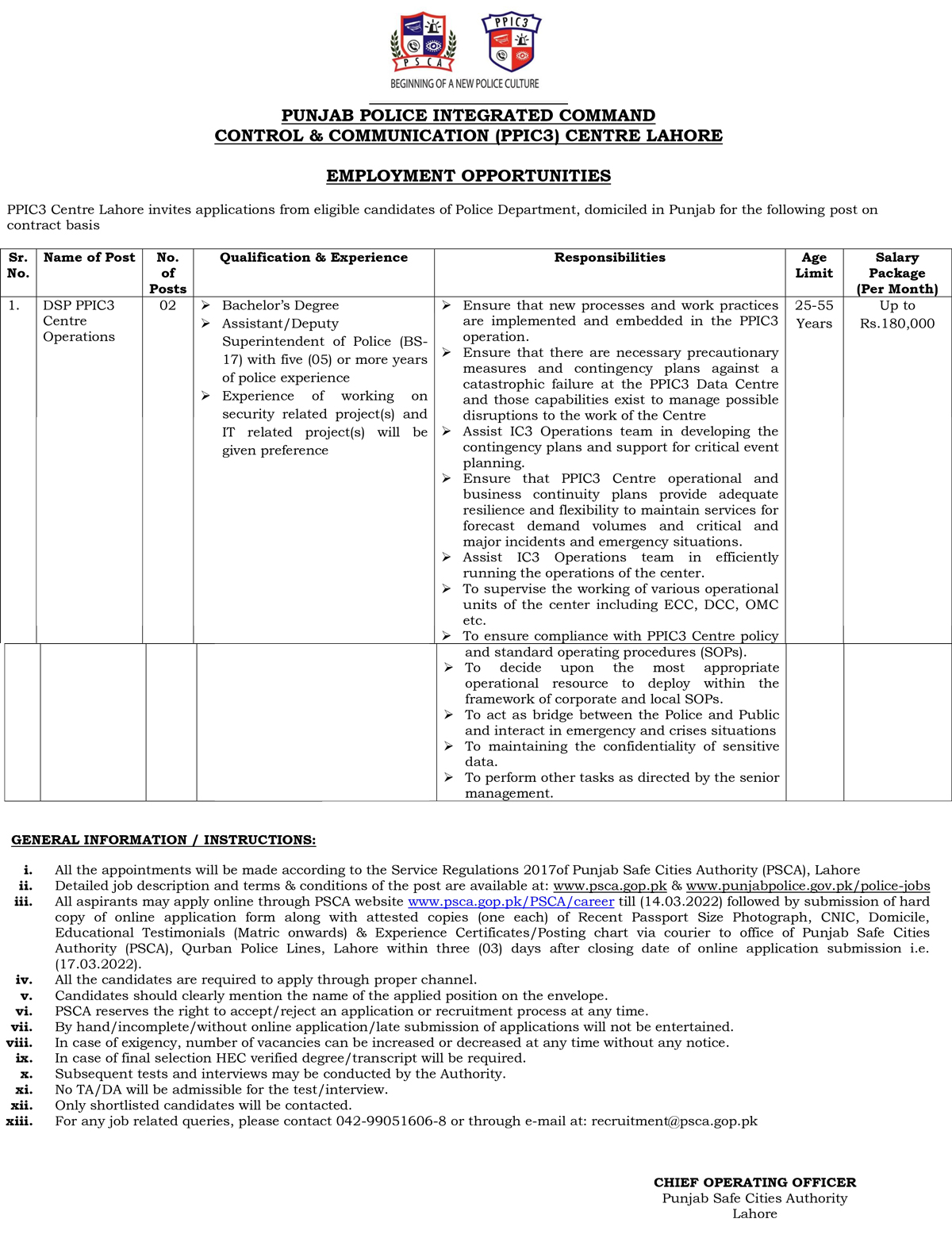 Punjab Safe Cities Authority PSCA Jobs 2022 – www.psca.gop.pk