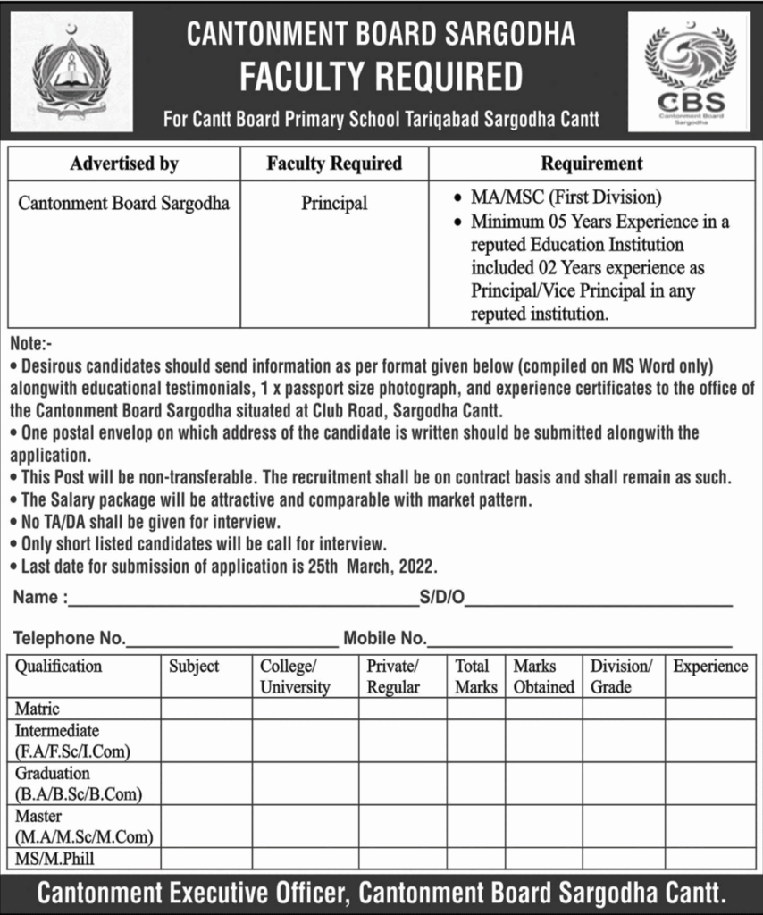 Cantt Board Primary School Tariqabad Sargodha Cantt Jobs 2022