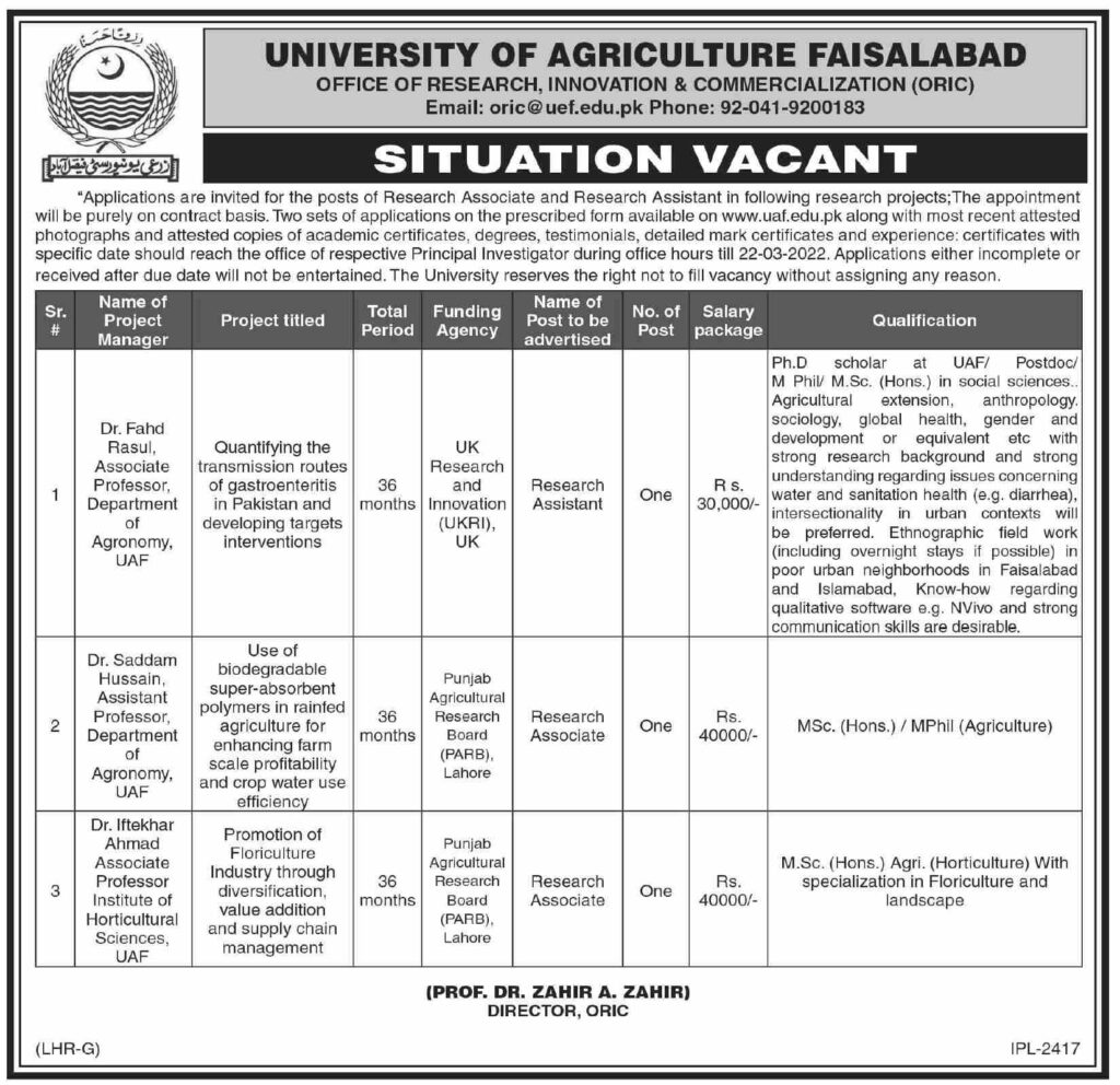 University of Agriculture Faisalabad Jobs 2022 UAF Application Form