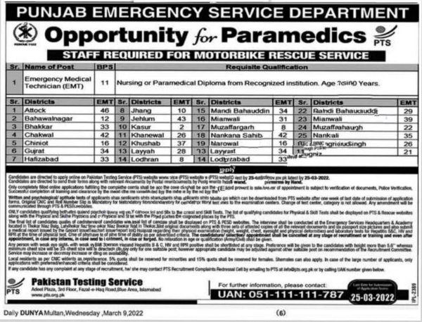Rescue 1122 Jobs 2022 for Motorbike Rescue Service