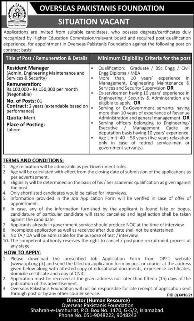 Overseas Pakistanis Foundation OPF Jobs 2022 Application Form