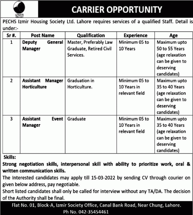 PECHS Izmir Housing Society Lahore Jobs 2022