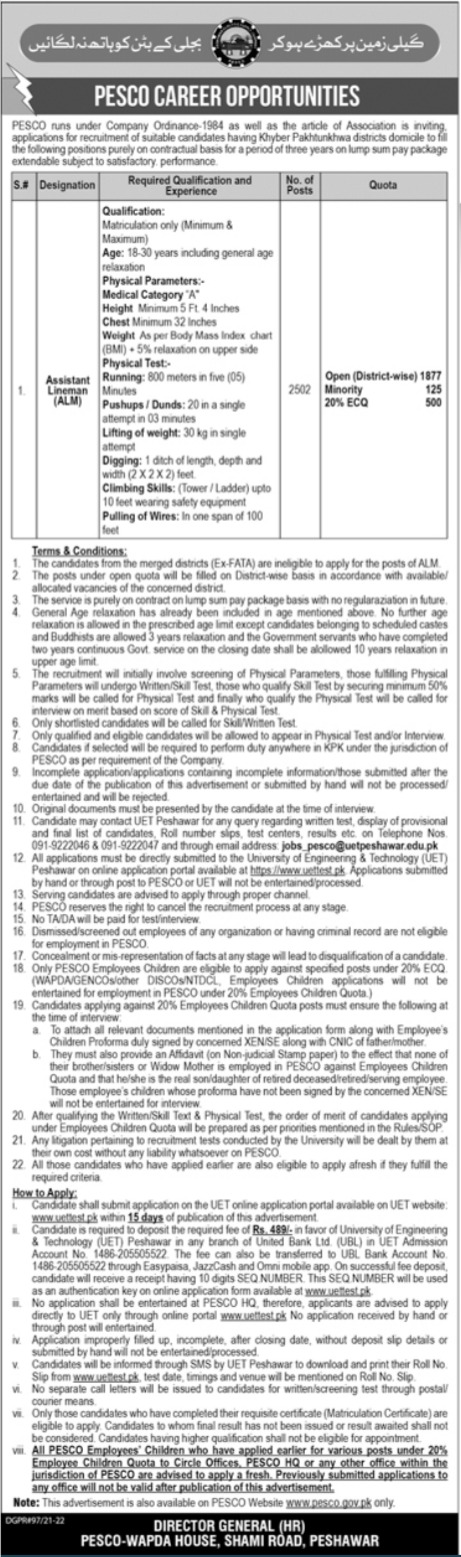 Assistant Lineman ALM Jobs 2022 in PESCO – www.uettest.pk
