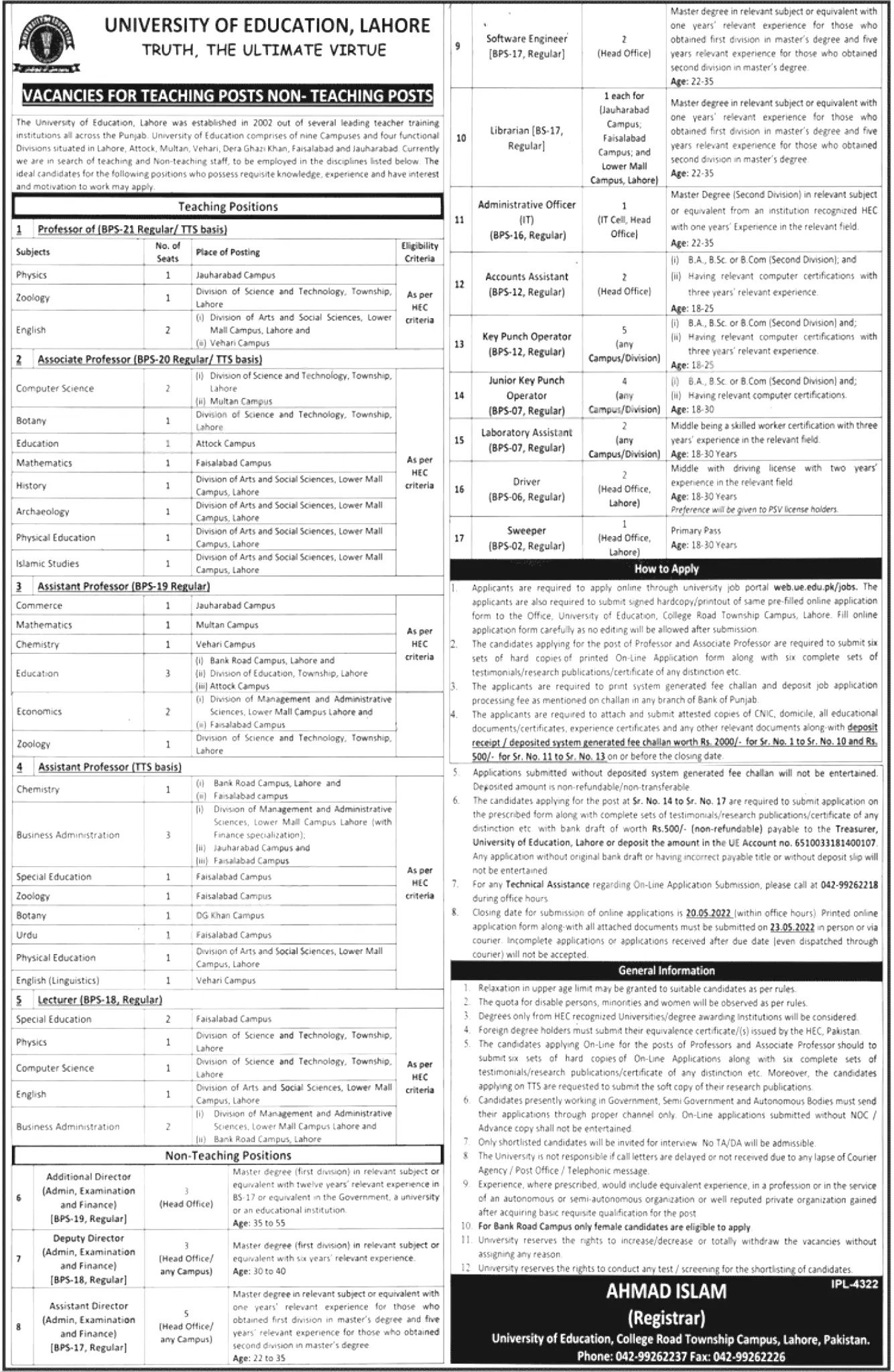 University of Education UE Lahore Jobs 2022 Online Form Download