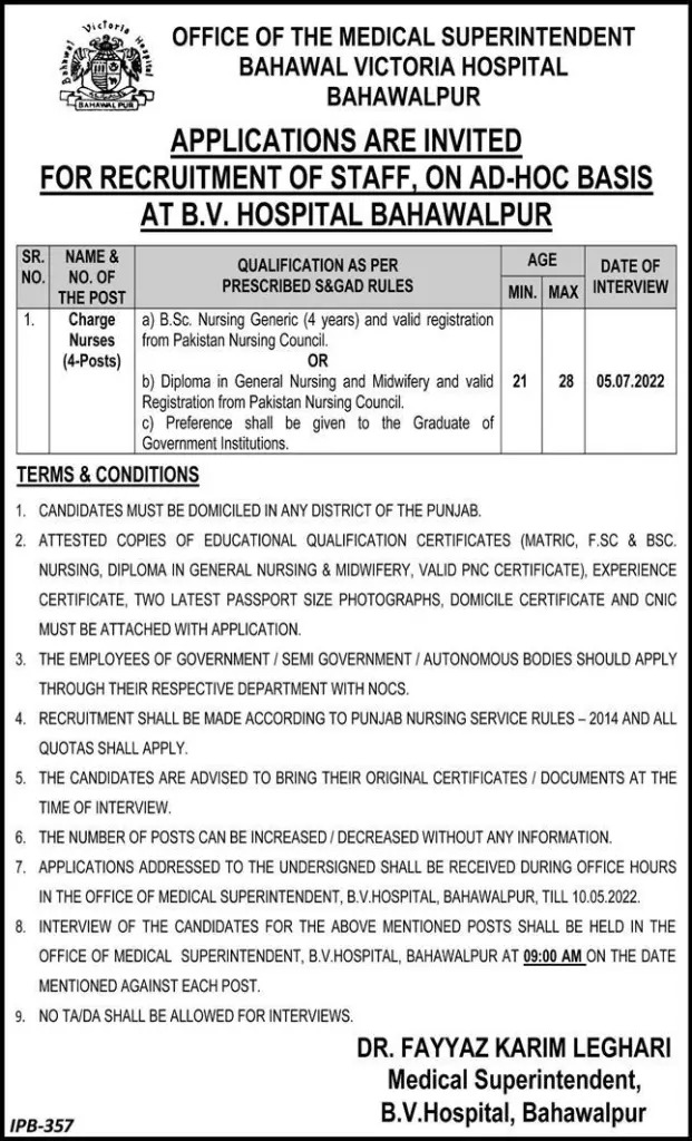 Bahawal Victoria Hospital Bahawalpur Jobs 2022 Download Form