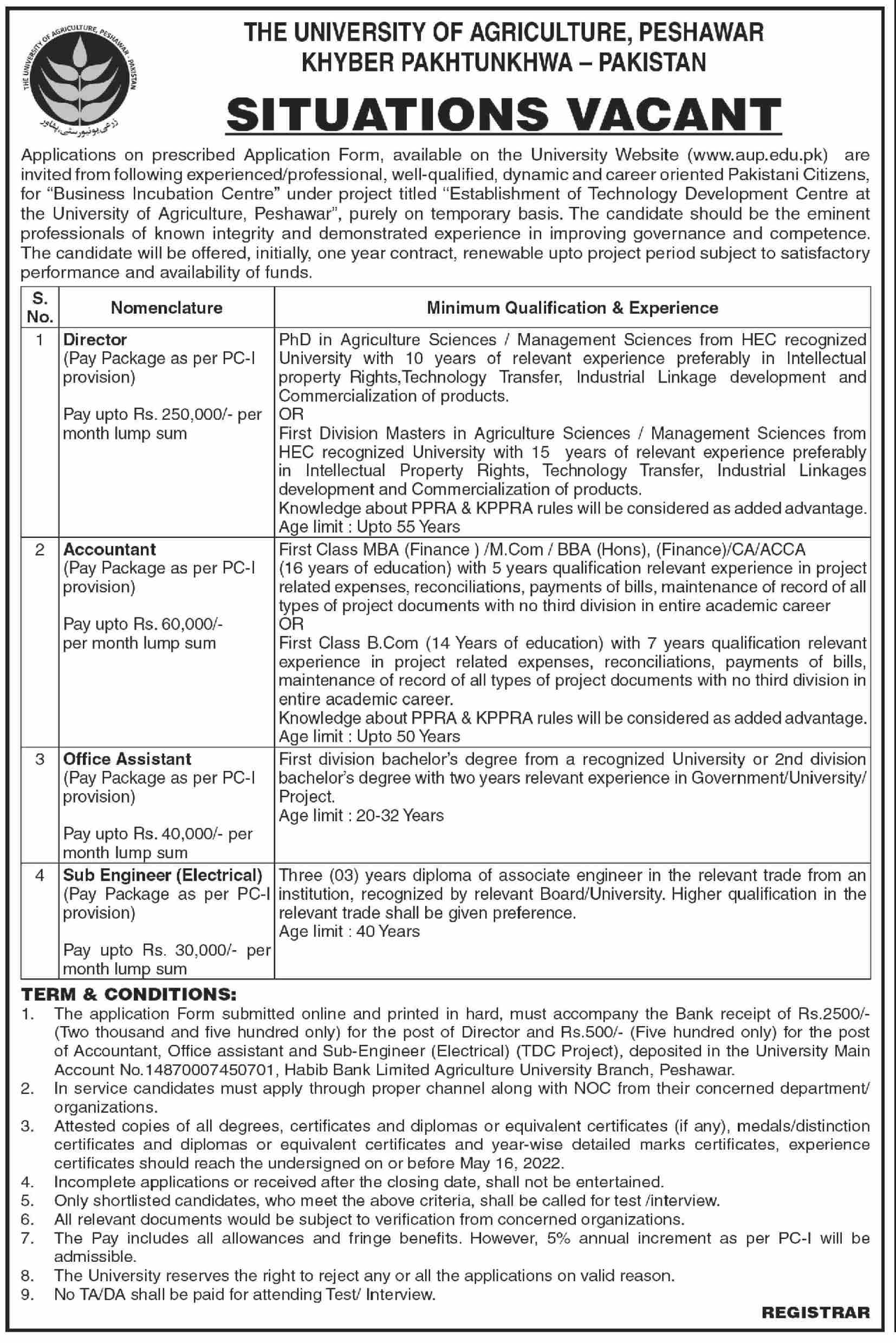 University of Agriculture Peshawar Jobs 2022 Download Form