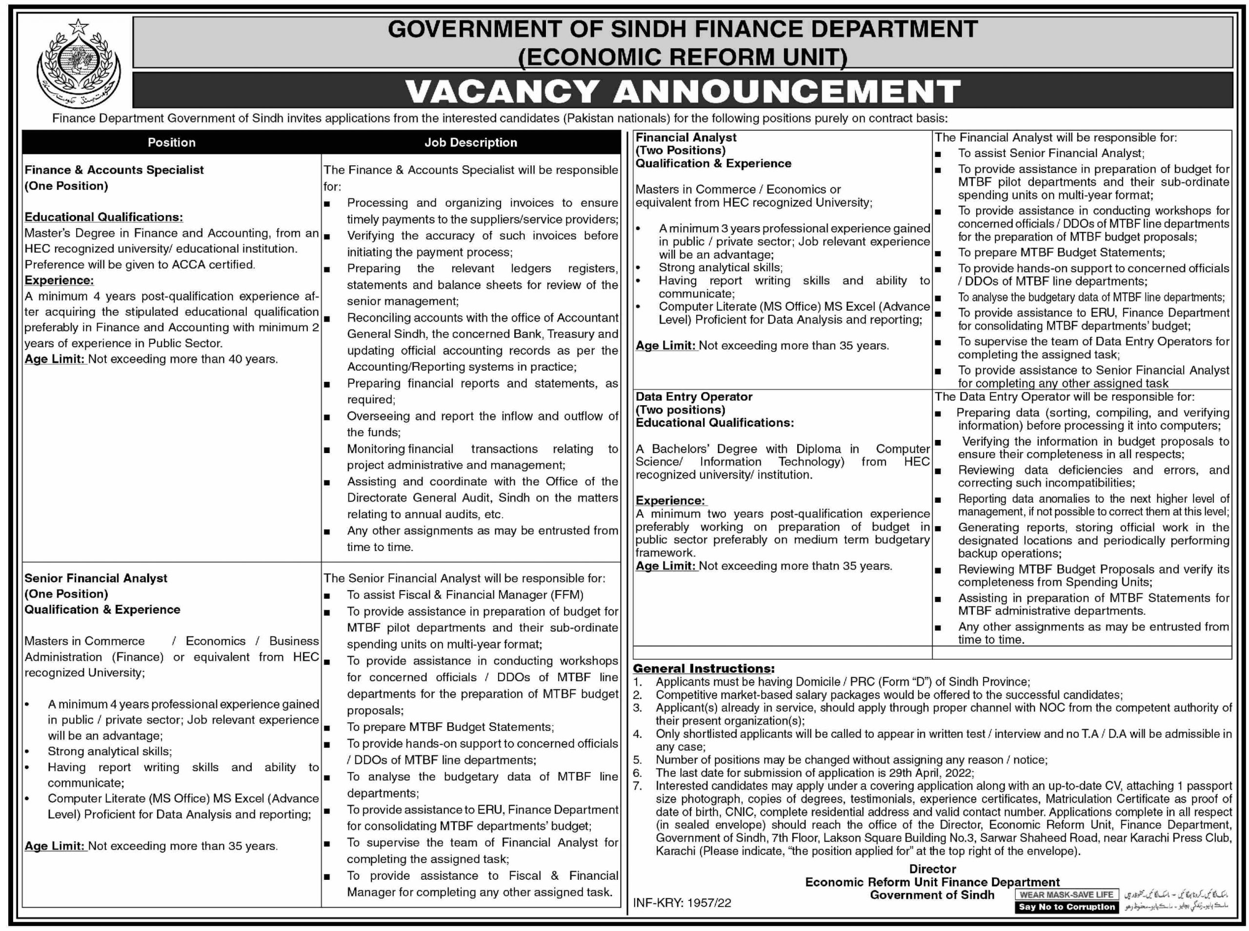 Finance Department Government of Sindh Jobs