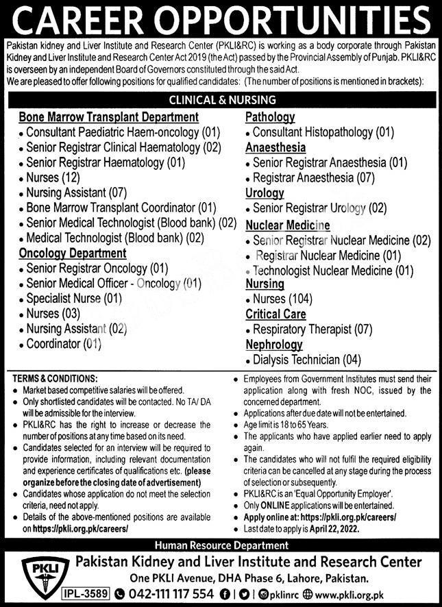 Pakistan Kidney And Liver Institute PKLI Jobs 2022