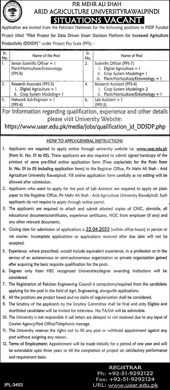 Pir Mehr Ali Shah Arid Agriculture University Jobs 2022 UAAR