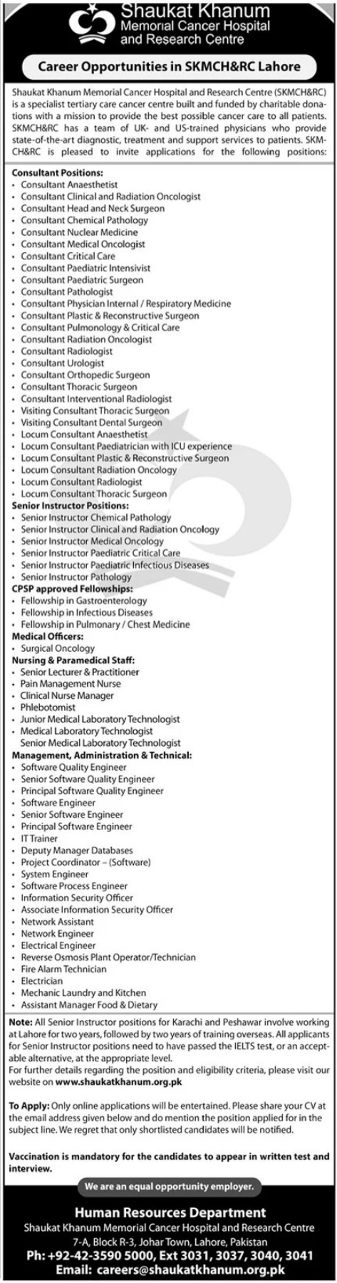 Shaukat Khanum Memorial Cancer Hospital Jobs 2022
