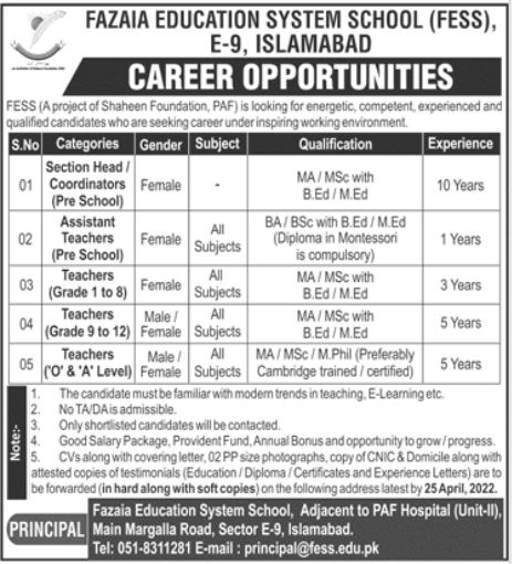 Fazaia Education System School FESS Islamabad Jobs 2022 for Teachers